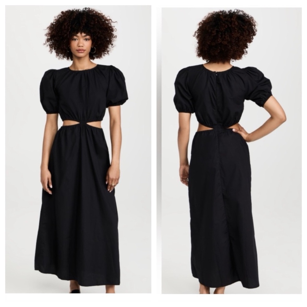 FAITHFULL THE BRAND Alessandria Cutout Black Midi Dress Puff Sleeve sz XS Cotton